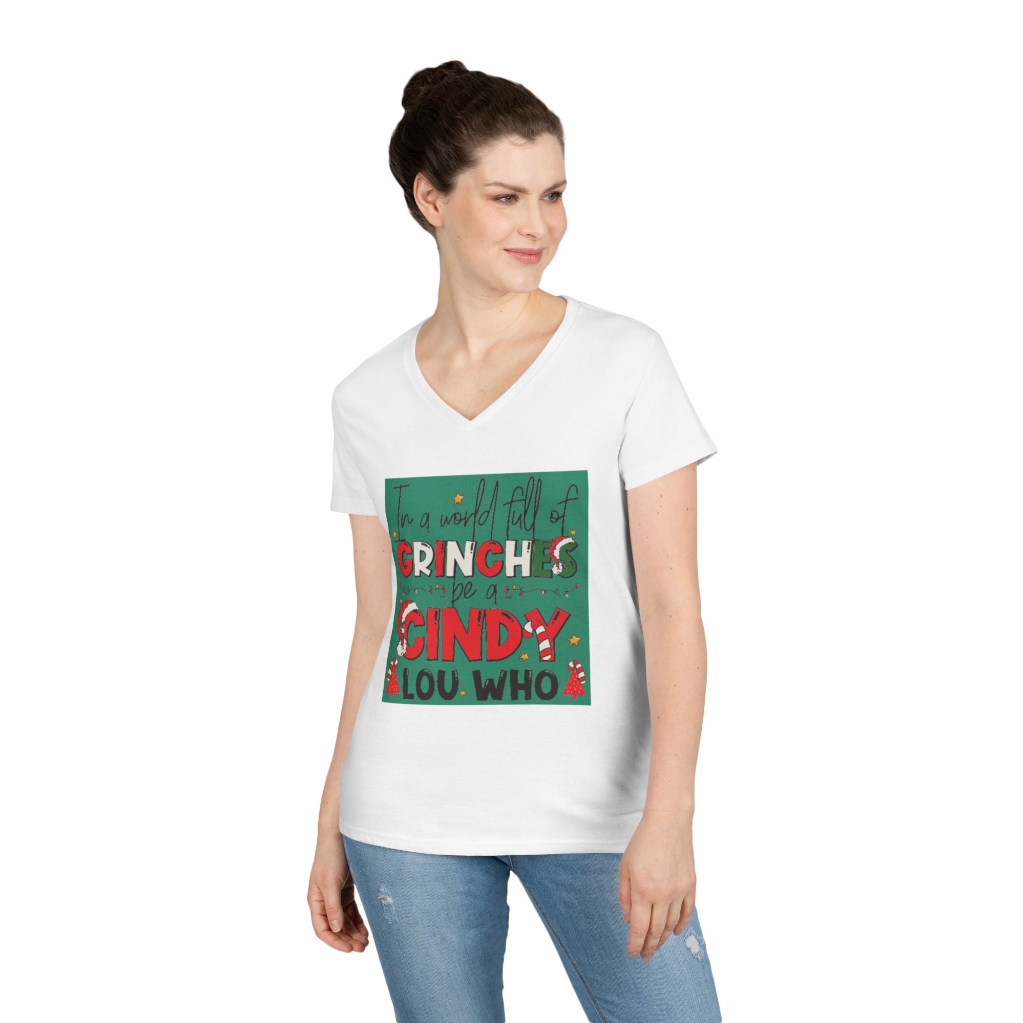 Grinch-Themed Ladies' V-Neck T-Shirt | Festive Holiday Apparel, Christmas Gift, Family Gatherings, Cozy Winter Style, Cute Holiday Tee