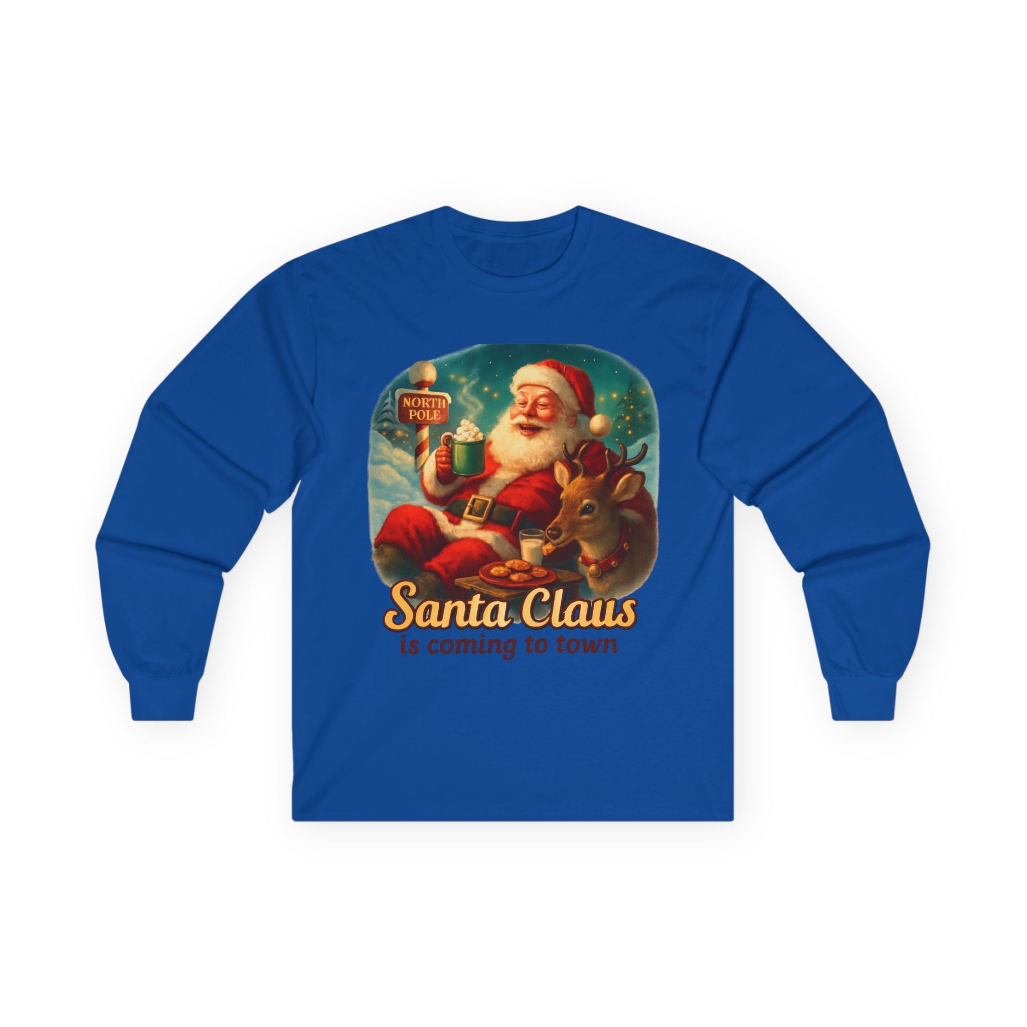 Santa Claus Unisex Long Sleeve Tshirt featuring a baby deer