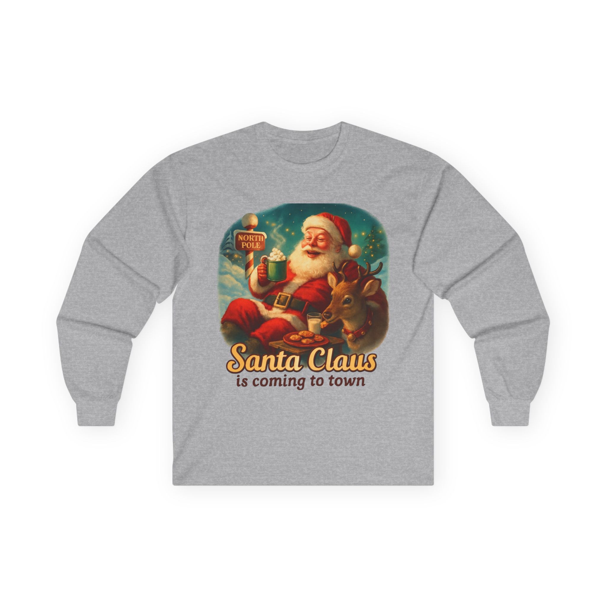 Santa Claus Unisex Long Sleeve Tshirt featuring a baby deer
