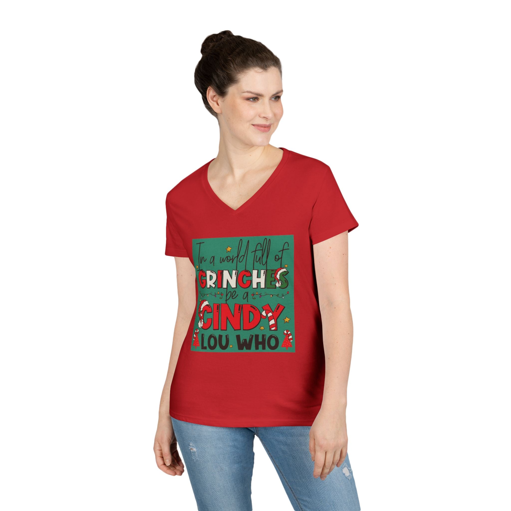 Grinch-Themed Ladies' V-Neck T-Shirt | Festive Holiday Apparel, Christmas Gift, Family Gatherings, Cozy Winter Style, Cute Holiday Tee