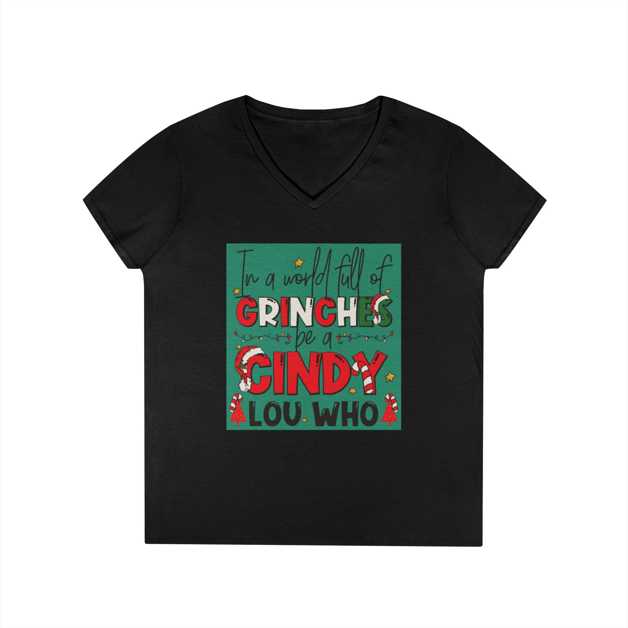 Grinch-Themed Ladies' V-Neck T-Shirt | Festive Holiday Apparel, Christmas Gift, Family Gatherings, Cozy Winter Style, Cute Holiday Tee