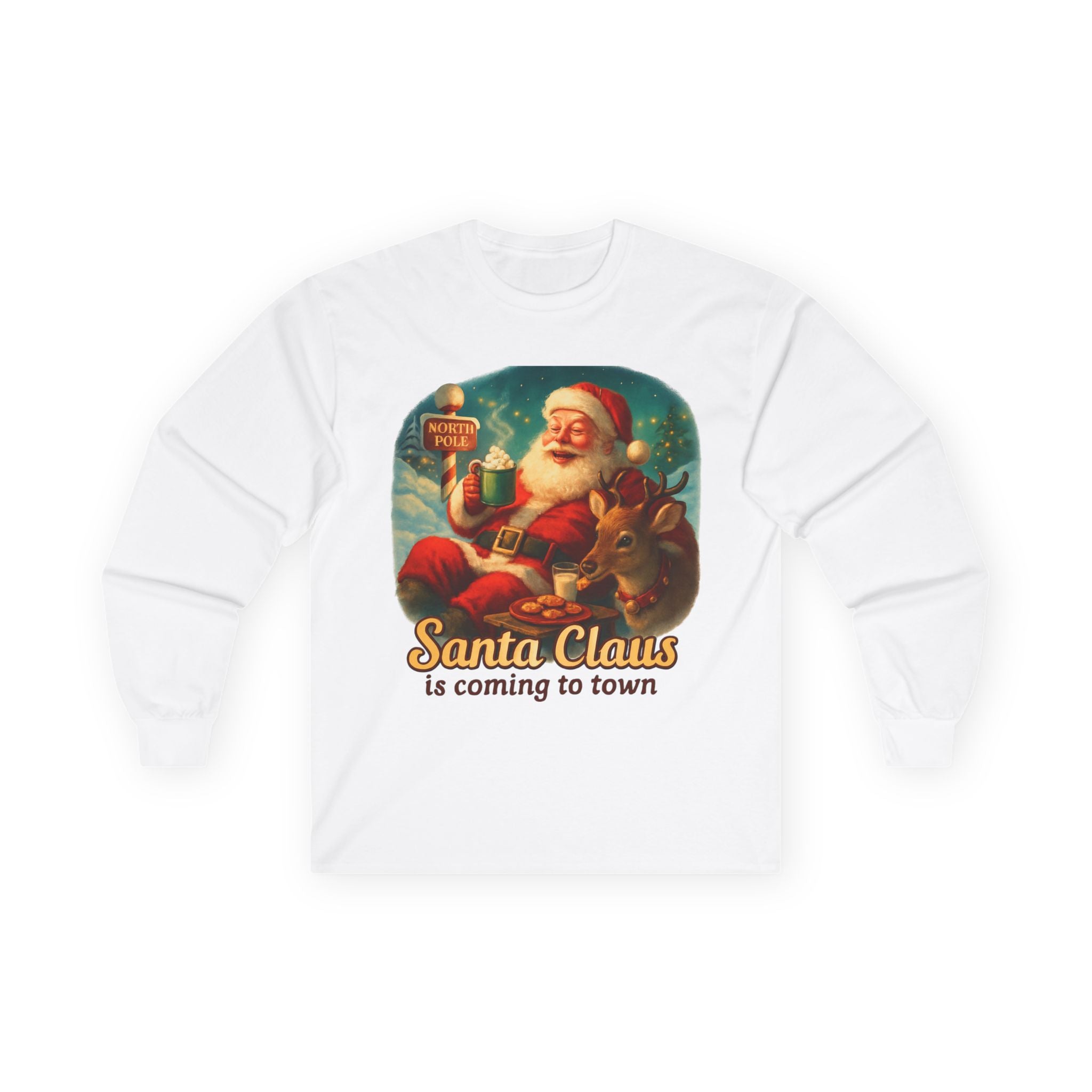 Santa Claus Unisex Long Sleeve Tshirt featuring a baby deer