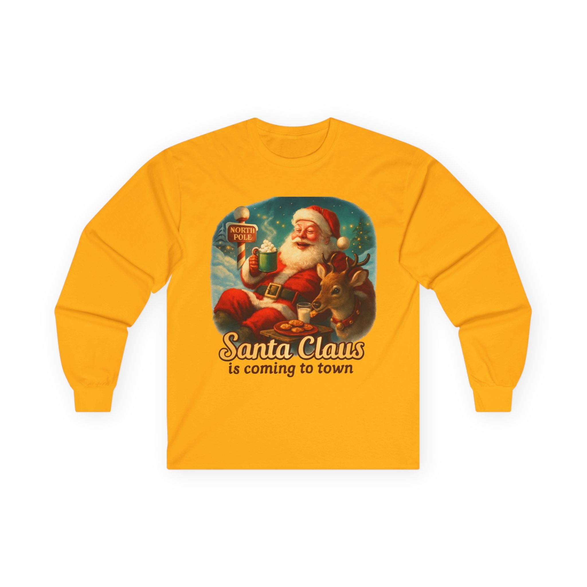 Santa Claus Unisex Long Sleeve Tshirt featuring a baby deer