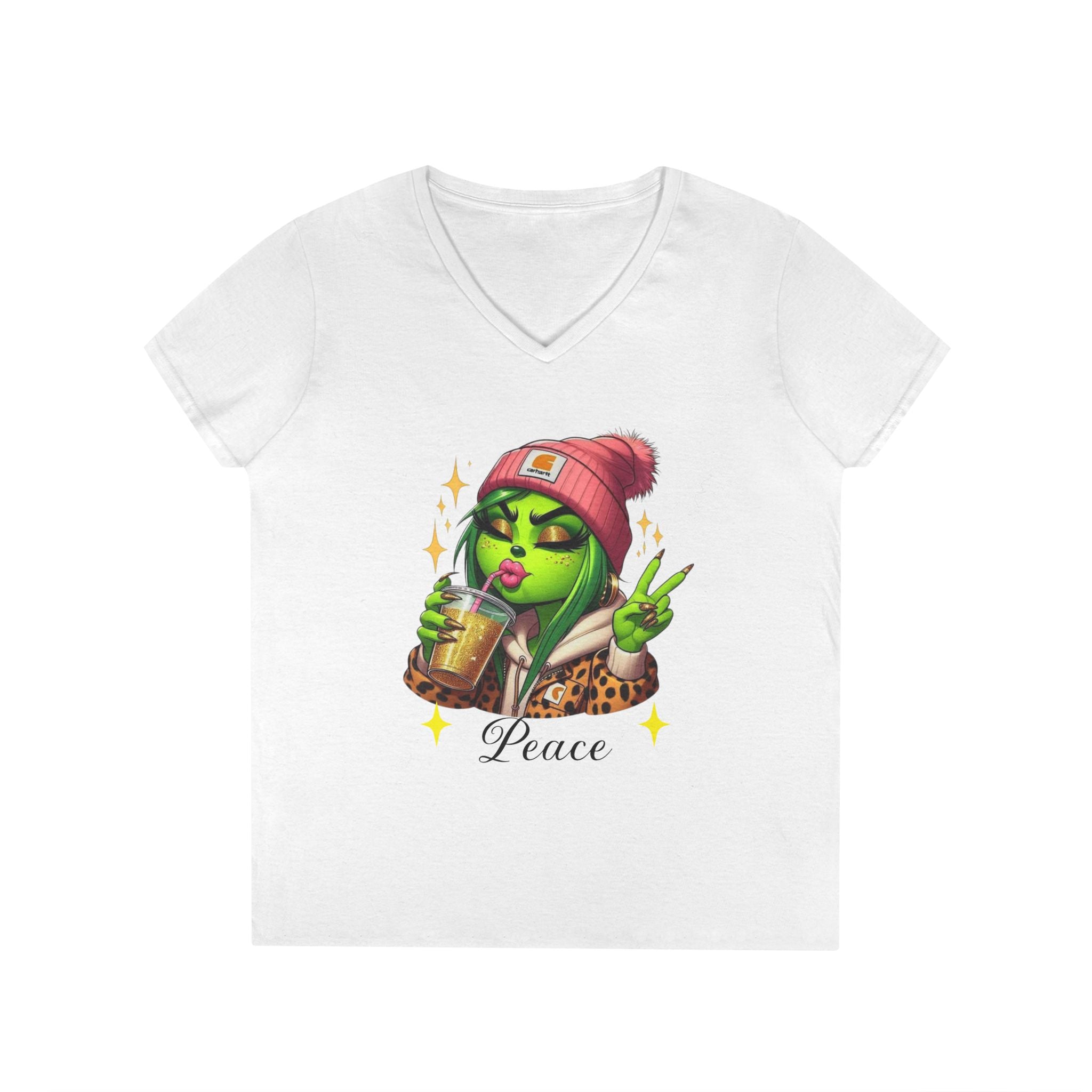 Grinchy Graphic Tee, Peace V-Neck T-Shirt for Women, Fun Casual Wear, Gift for Friends, Perfect for Any Occasion