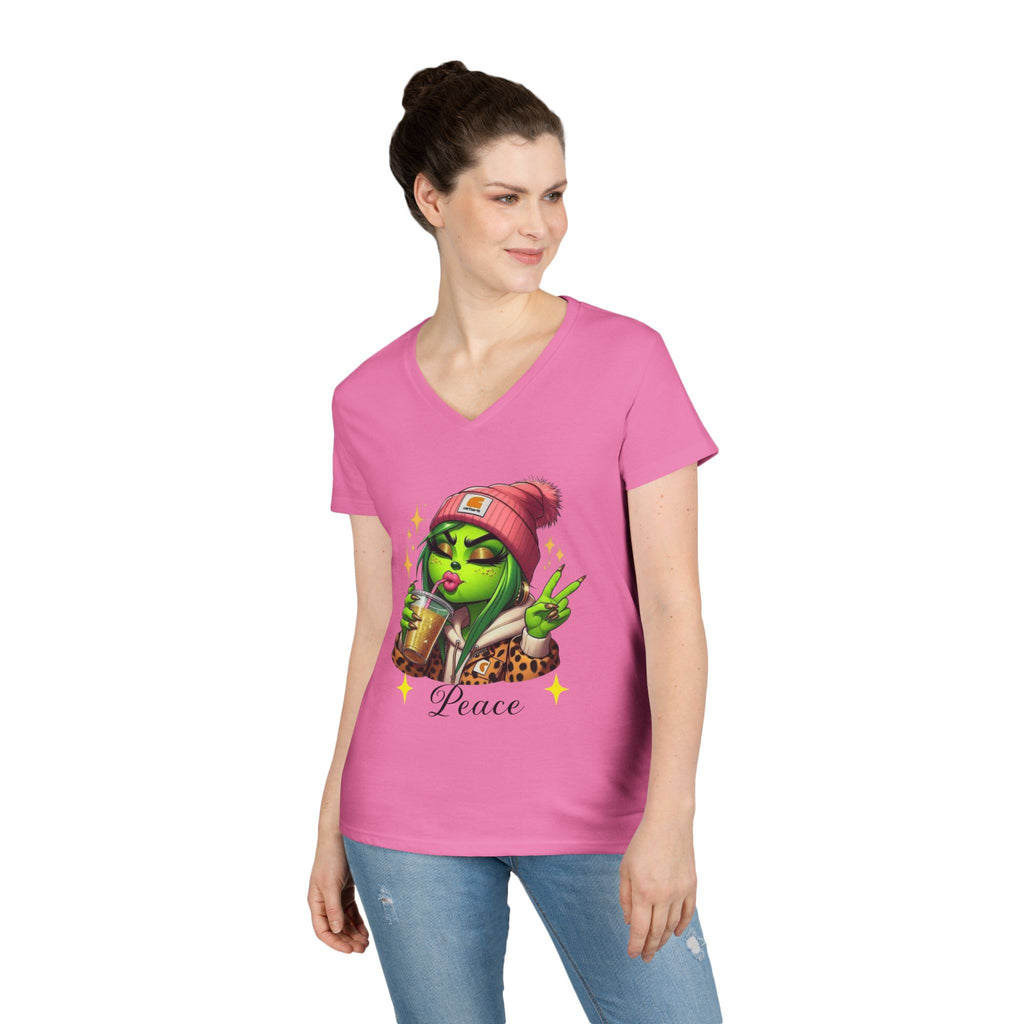 Grinchy Graphic Tee, Peace V-Neck T-Shirt for Women, Fun Casual Wear, Gift for Friends, Perfect for Any Occasion