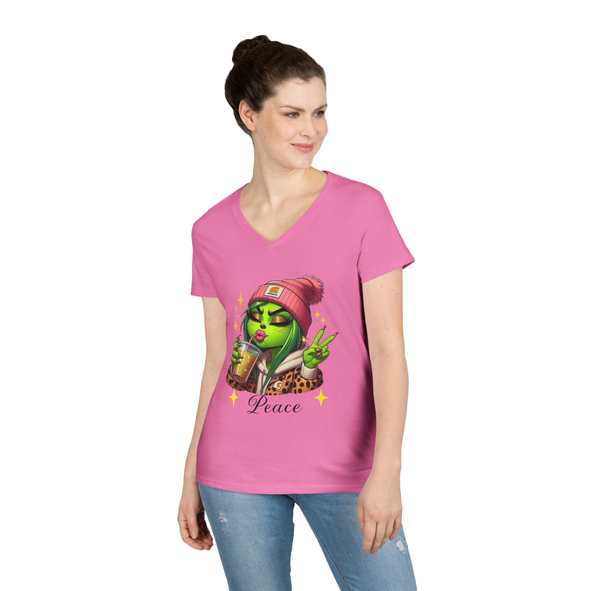 Grinchy Graphic Tee, Peace V-Neck T-Shirt for Women, Fun Casual Wear, Gift for Friends, Perfect for Any Occasion