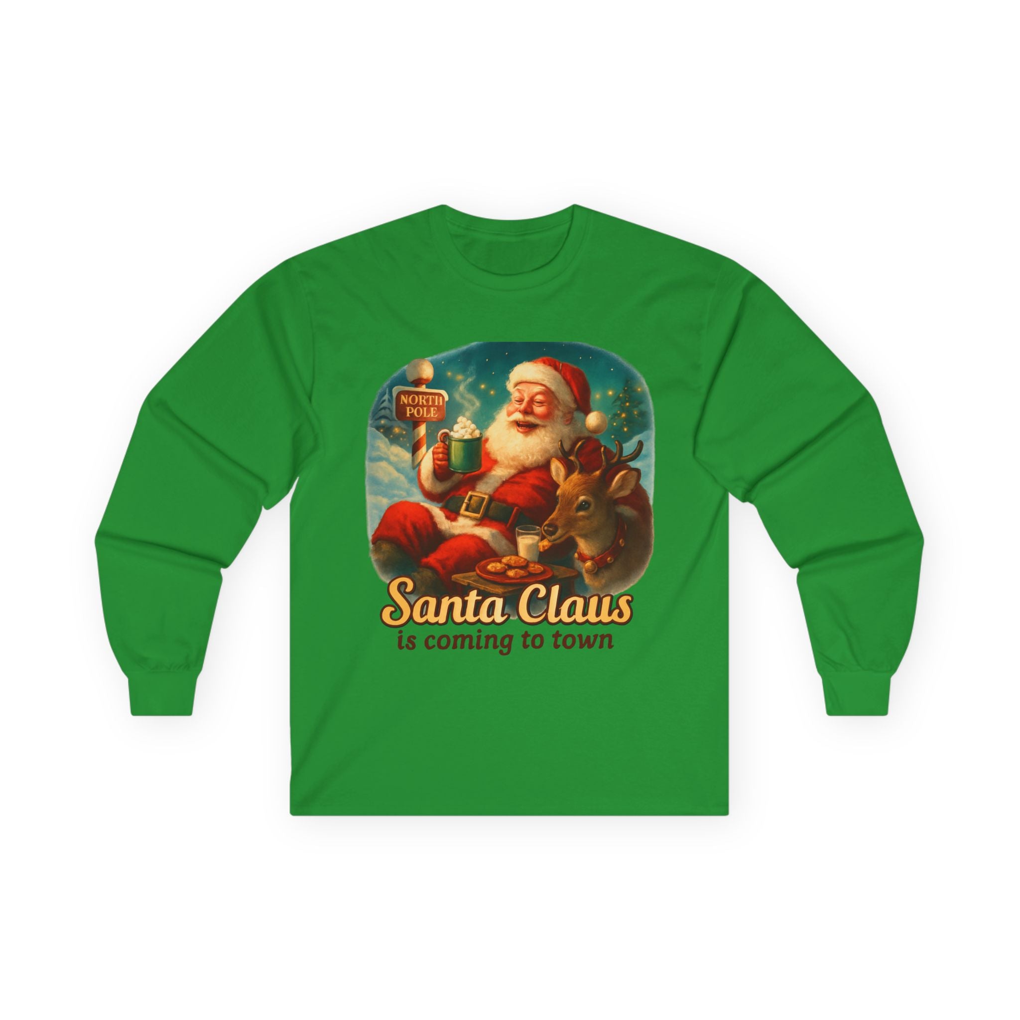 Santa Claus Unisex Long Sleeve Tshirt featuring a baby deer