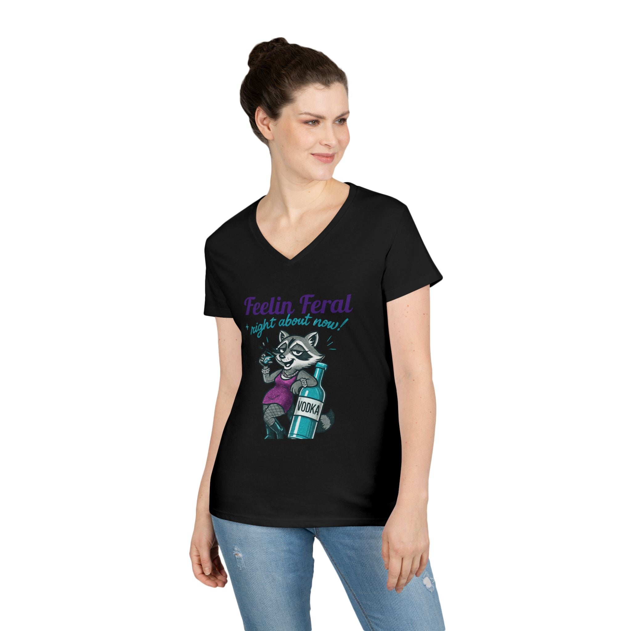 Feelin' Feral Ladies' V-Neck T-Shirt, Funny Animal Tee, Gift for Pet Lovers, Casual Wear, Birthday Gift, Cute Graphic Shirt