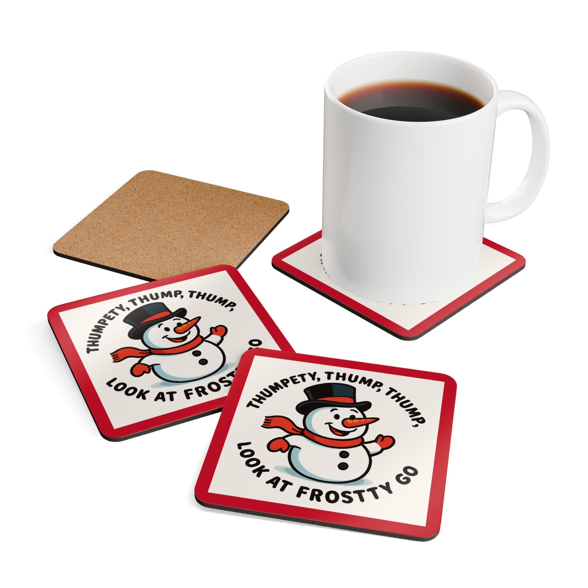 Festive Cork Coaster Set of 4, Winter Decor, Holiday Gift, Cute Snowman Coasters, Drinkware Accessory, Christmas Tableware