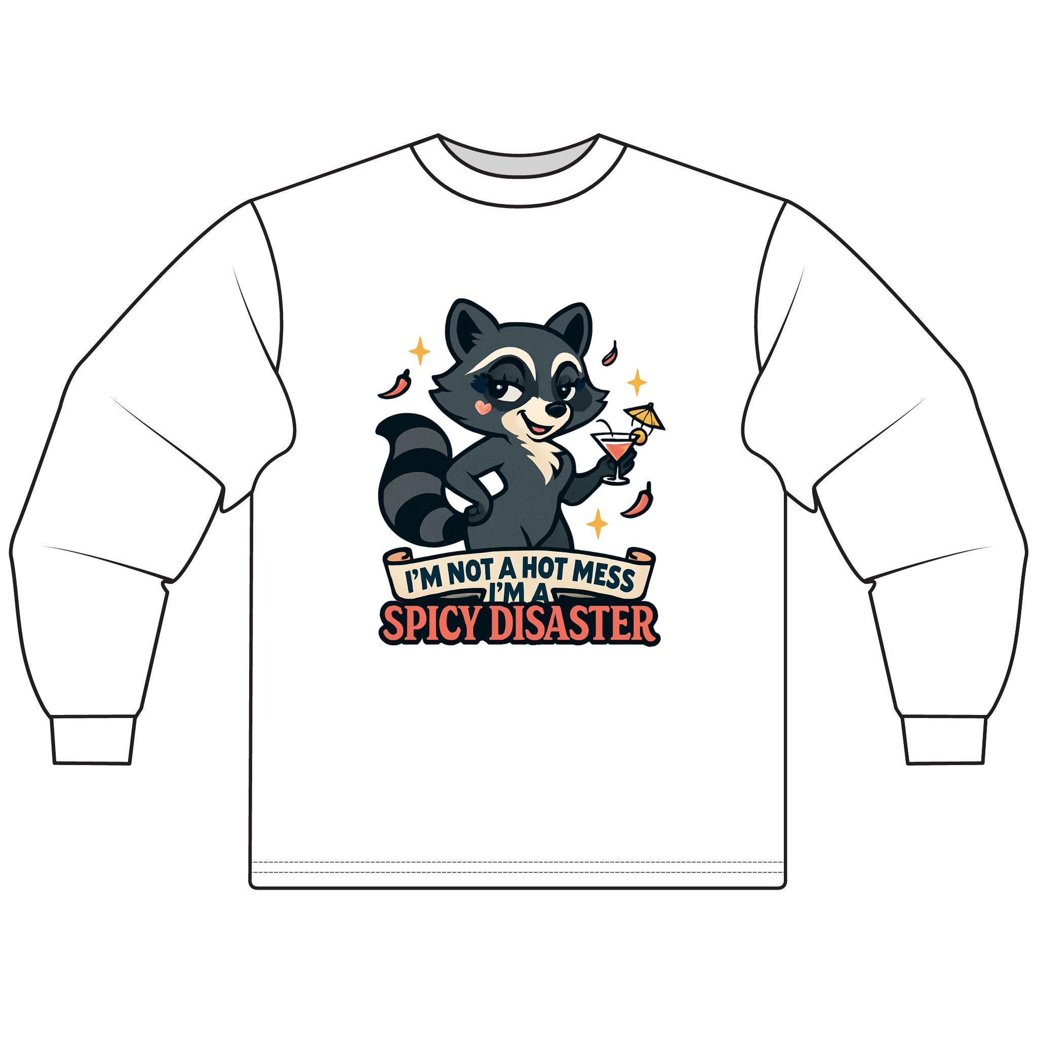 Spicy Disaster Long Sleeve T-Shirt, Funny Graphic Tee, Cute Animal Shirt, Gift for Friends, Casual Wear, Cute Raccoon Design