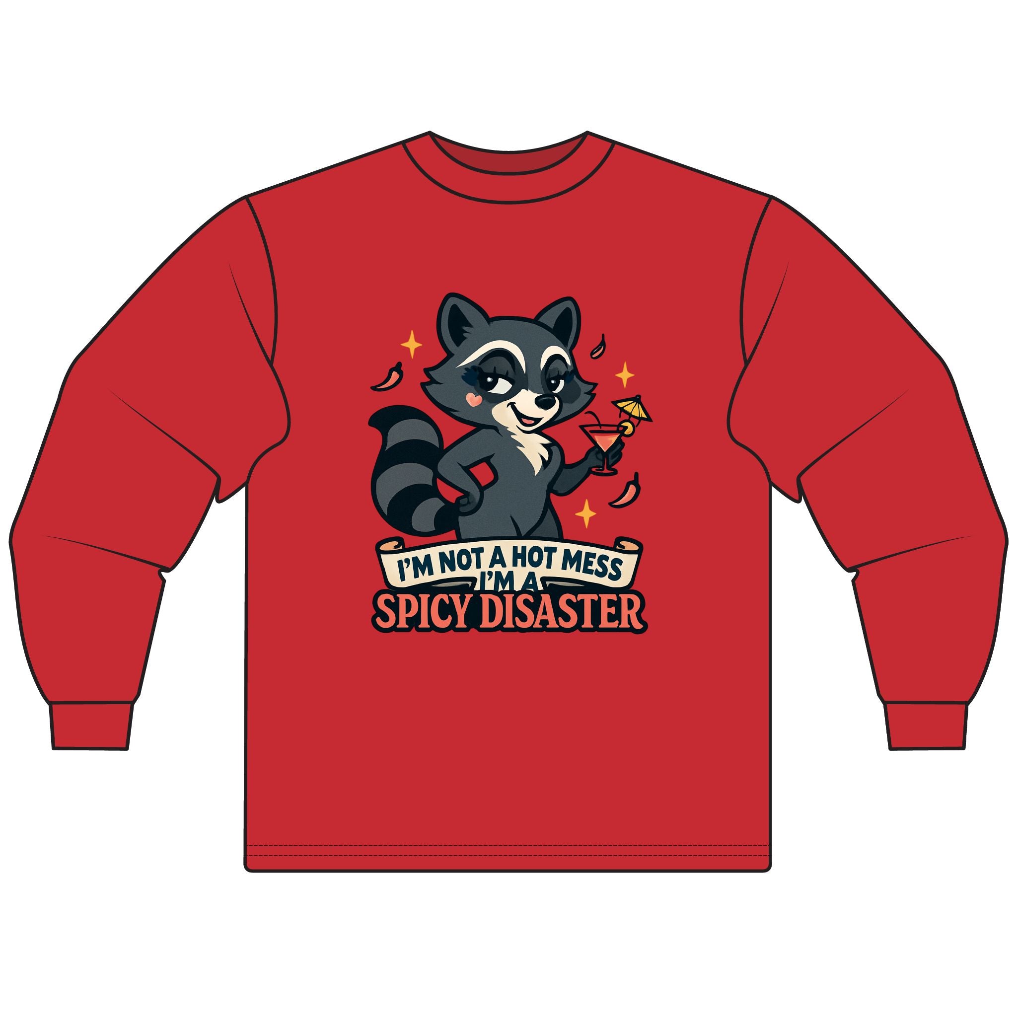 Spicy Disaster Long Sleeve T-Shirt, Funny Graphic Tee, Cute Animal Shirt, Gift for Friends, Casual Wear, Cute Raccoon Design