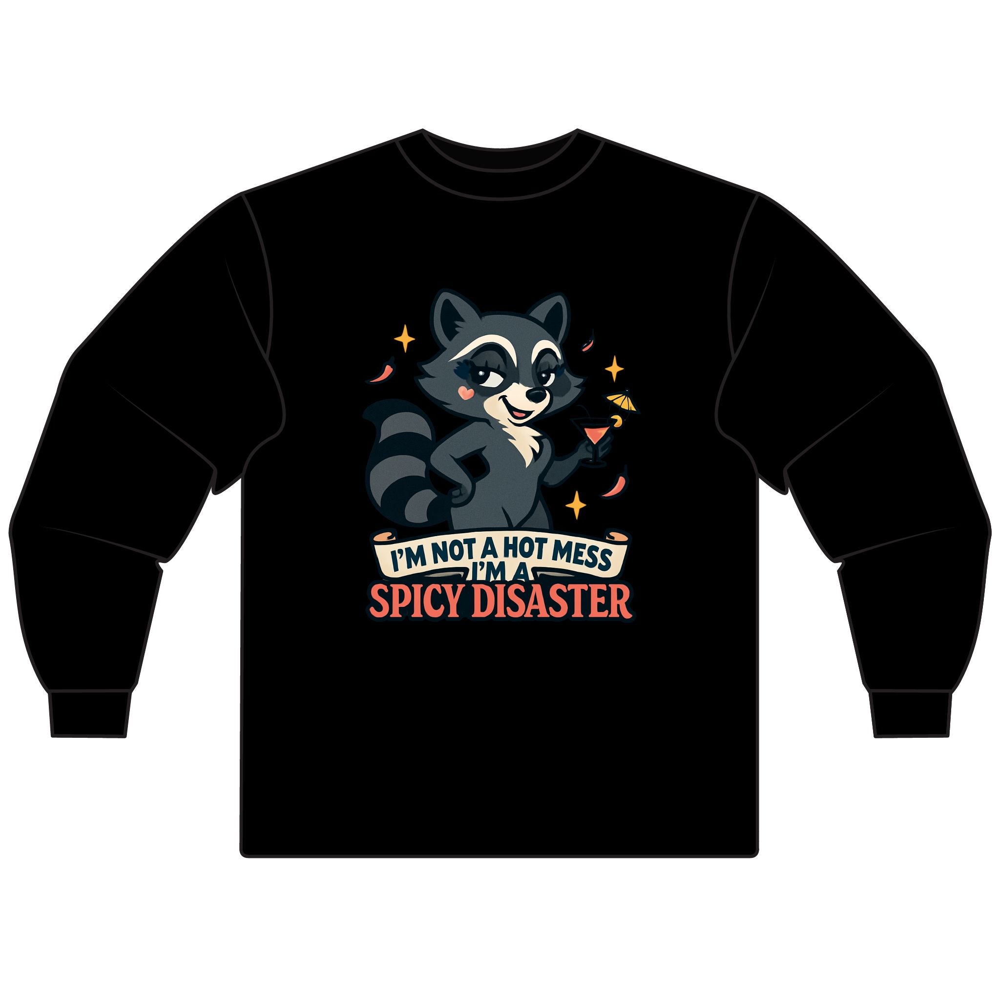 Spicy Disaster Long Sleeve T-Shirt, Funny Graphic Tee, Cute Animal Shirt, Gift for Friends, Casual Wear, Cute Raccoon Design