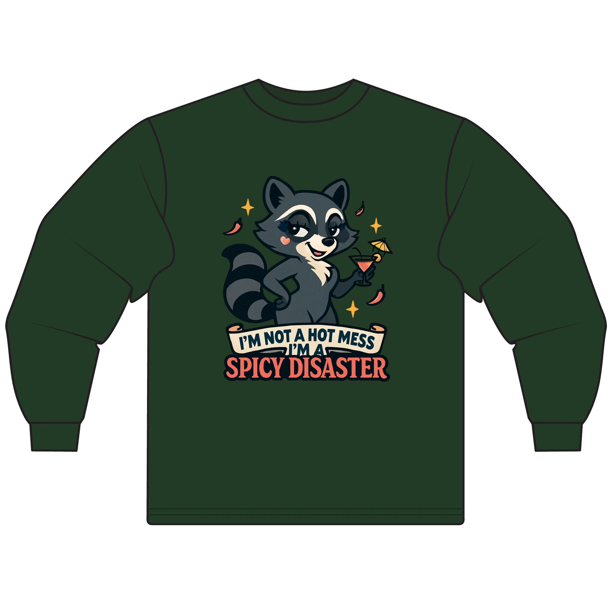 Spicy Disaster Long Sleeve T-Shirt, Funny Graphic Tee, Cute Animal Shirt, Gift for Friends, Casual Wear, Cute Raccoon Design