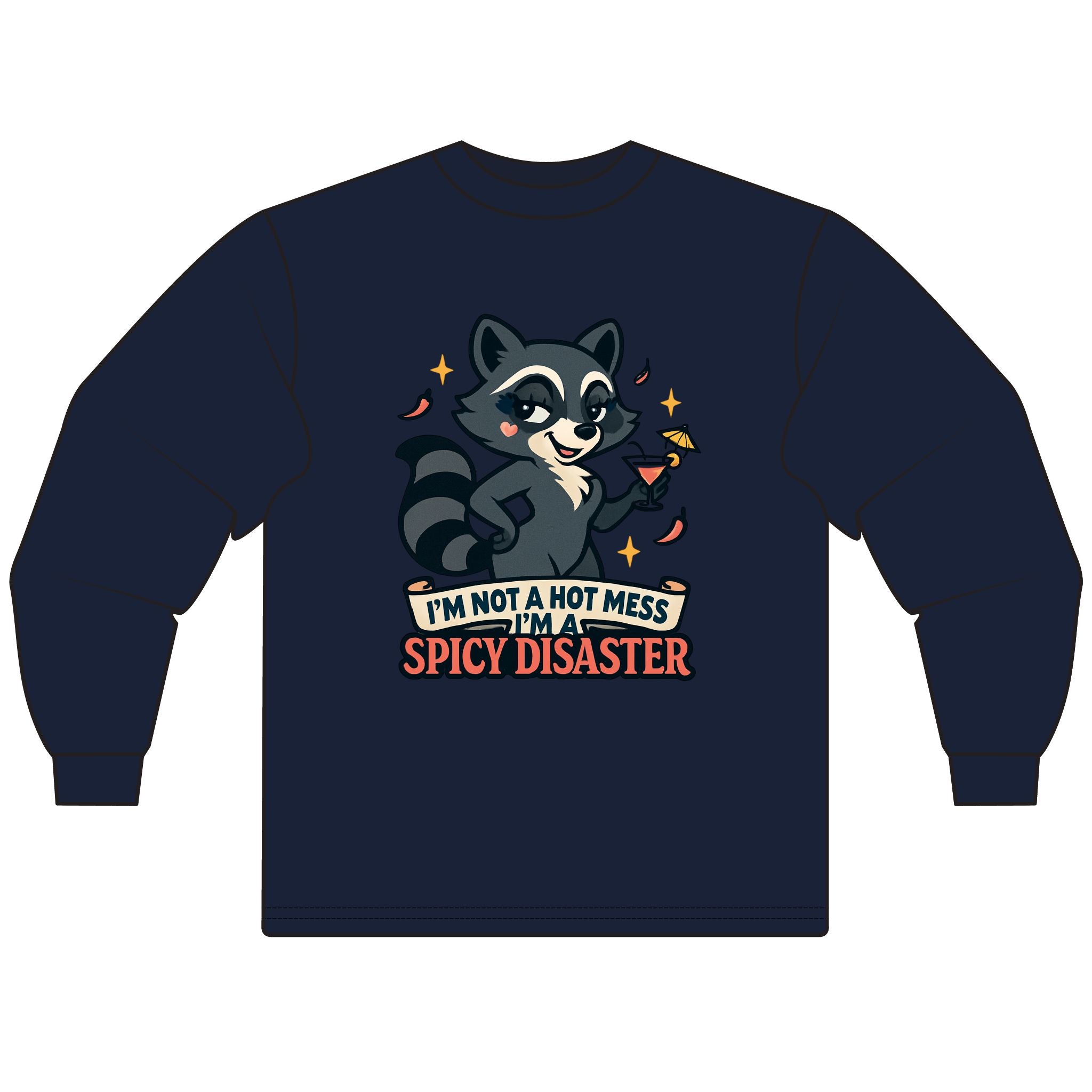 Spicy Disaster Long Sleeve T-Shirt, Funny Graphic Tee, Cute Animal Shirt, Gift for Friends, Casual Wear, Cute Raccoon Design