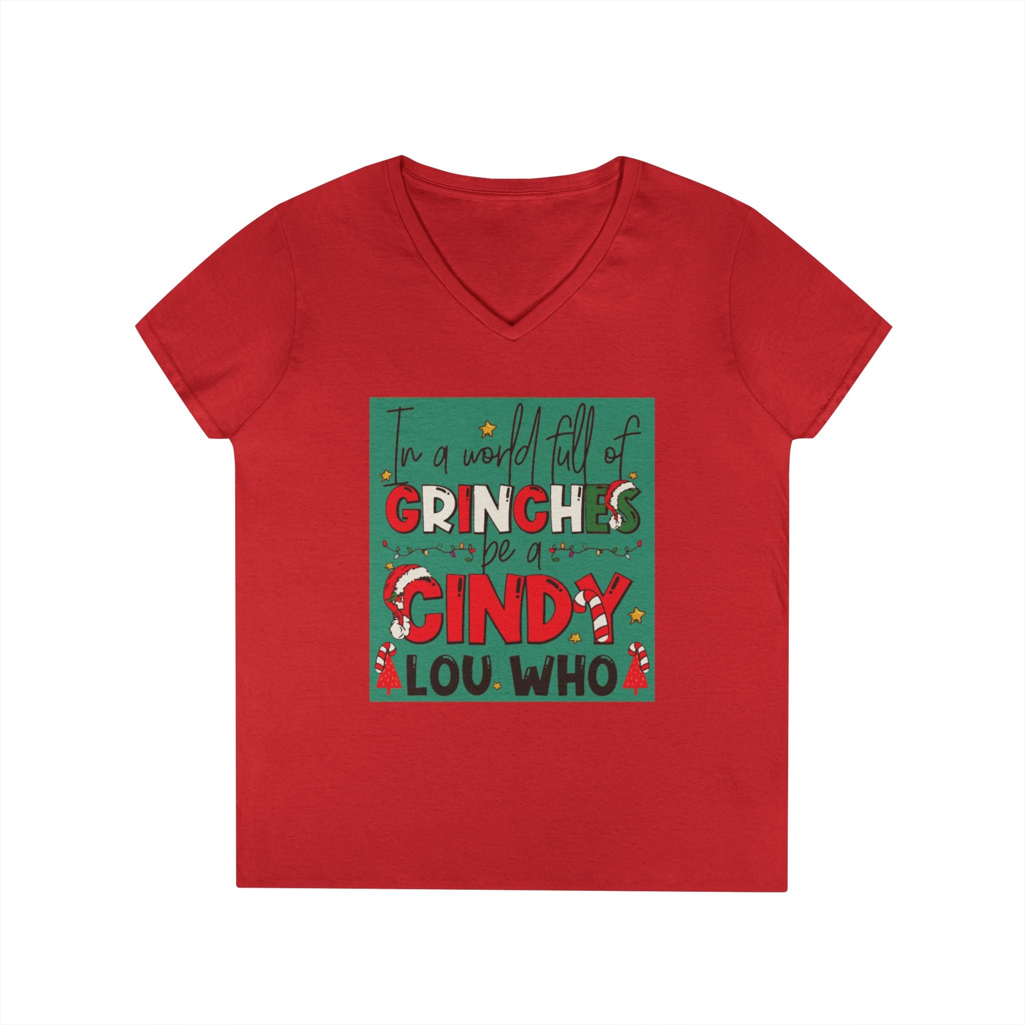 Grinch-Themed Ladies' V-Neck T-Shirt | Festive Holiday Apparel, Christmas Gift, Family Gatherings, Cozy Winter Style, Cute Holiday Tee