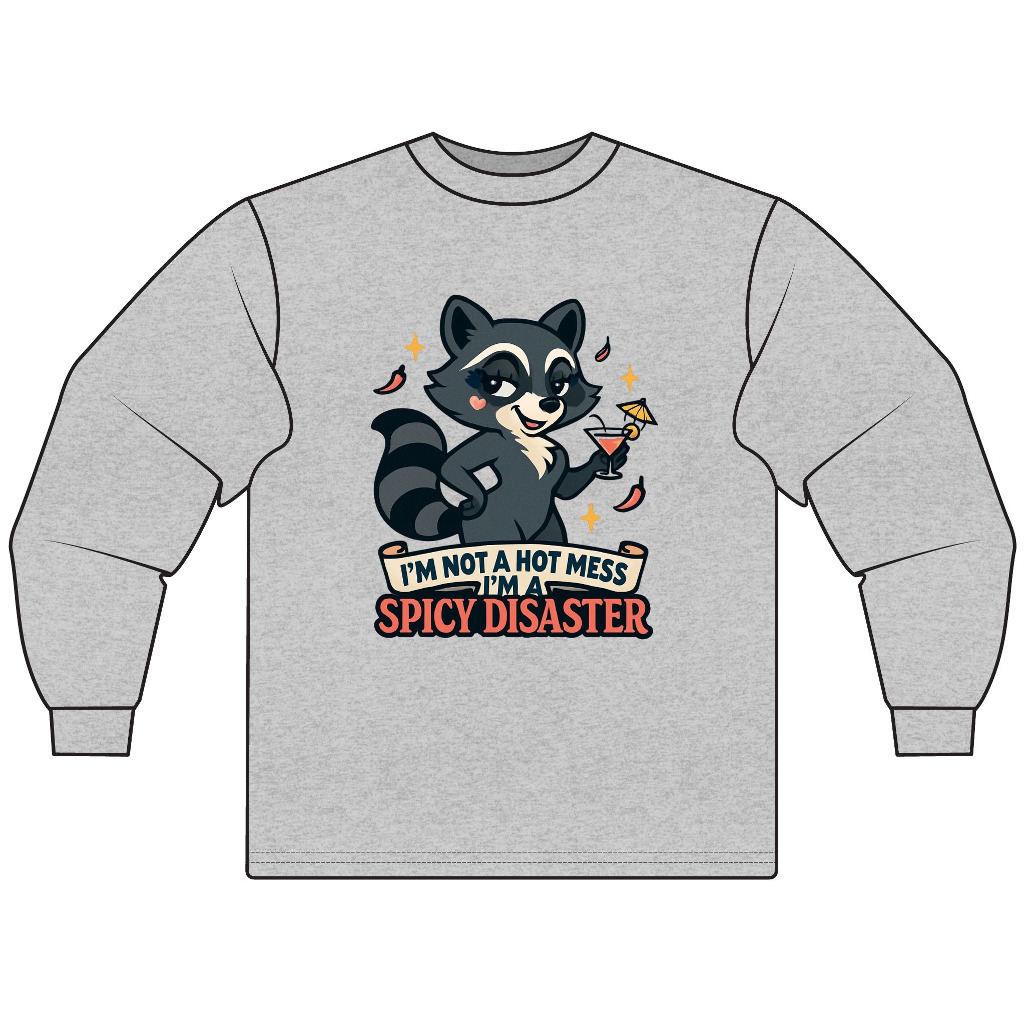 Spicy Disaster Long Sleeve T-Shirt, Funny Graphic Tee, Cute Animal Shirt, Gift for Friends, Casual Wear, Cute Raccoon Design