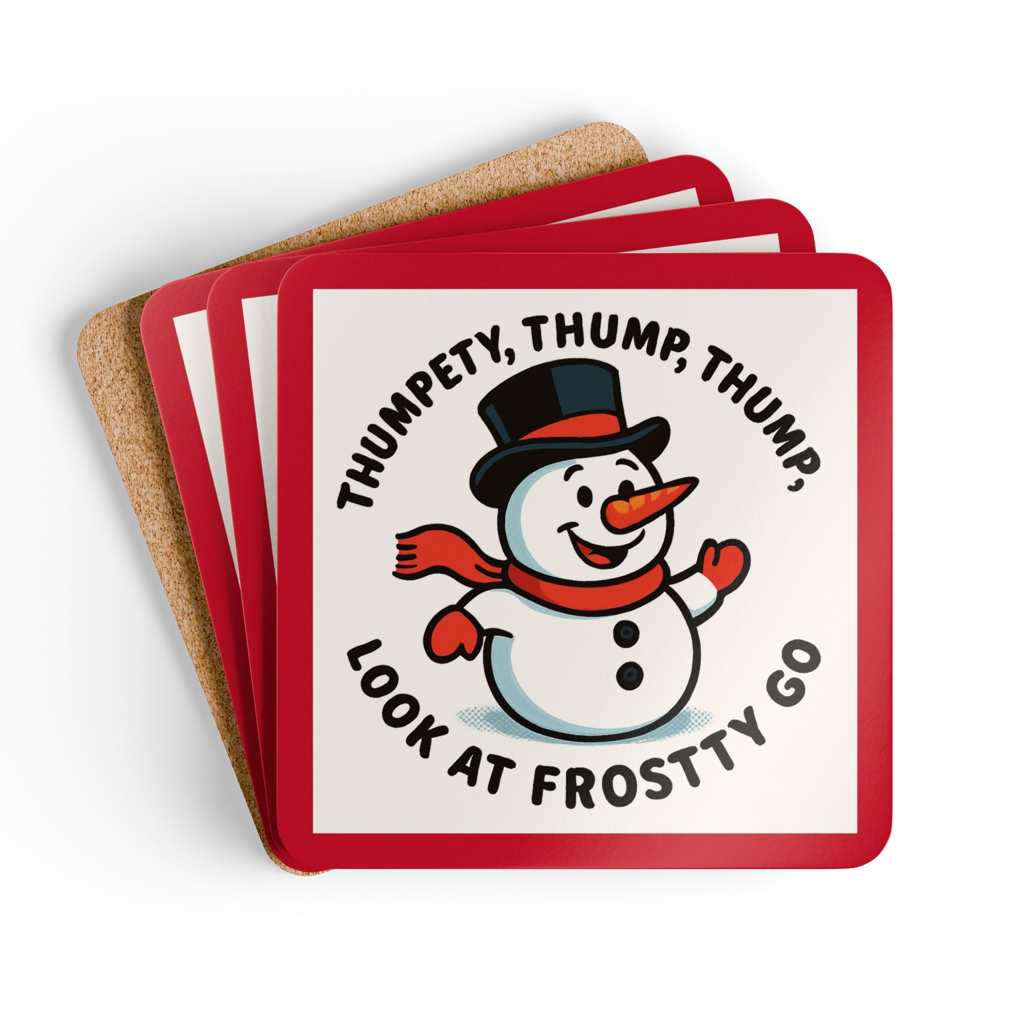 Festive Cork Coaster Set of 4, Winter Decor, Holiday Gift, Cute Snowman Coasters, Drinkware Accessory, Christmas Tableware
