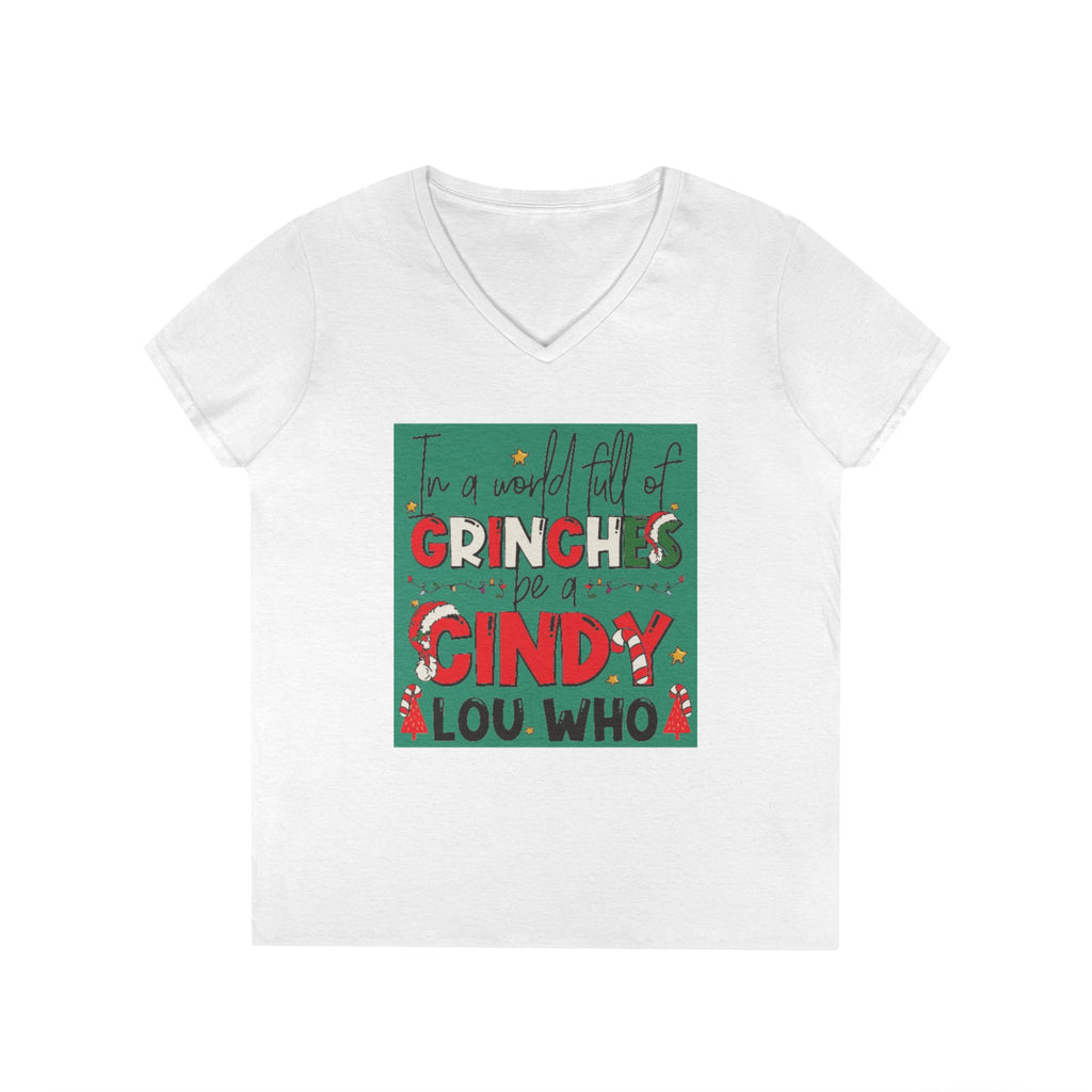Grinch-Themed Ladies' V-Neck T-Shirt | Festive Holiday Apparel, Christmas Gift, Family Gatherings, Cozy Winter Style, Cute Holiday Tee