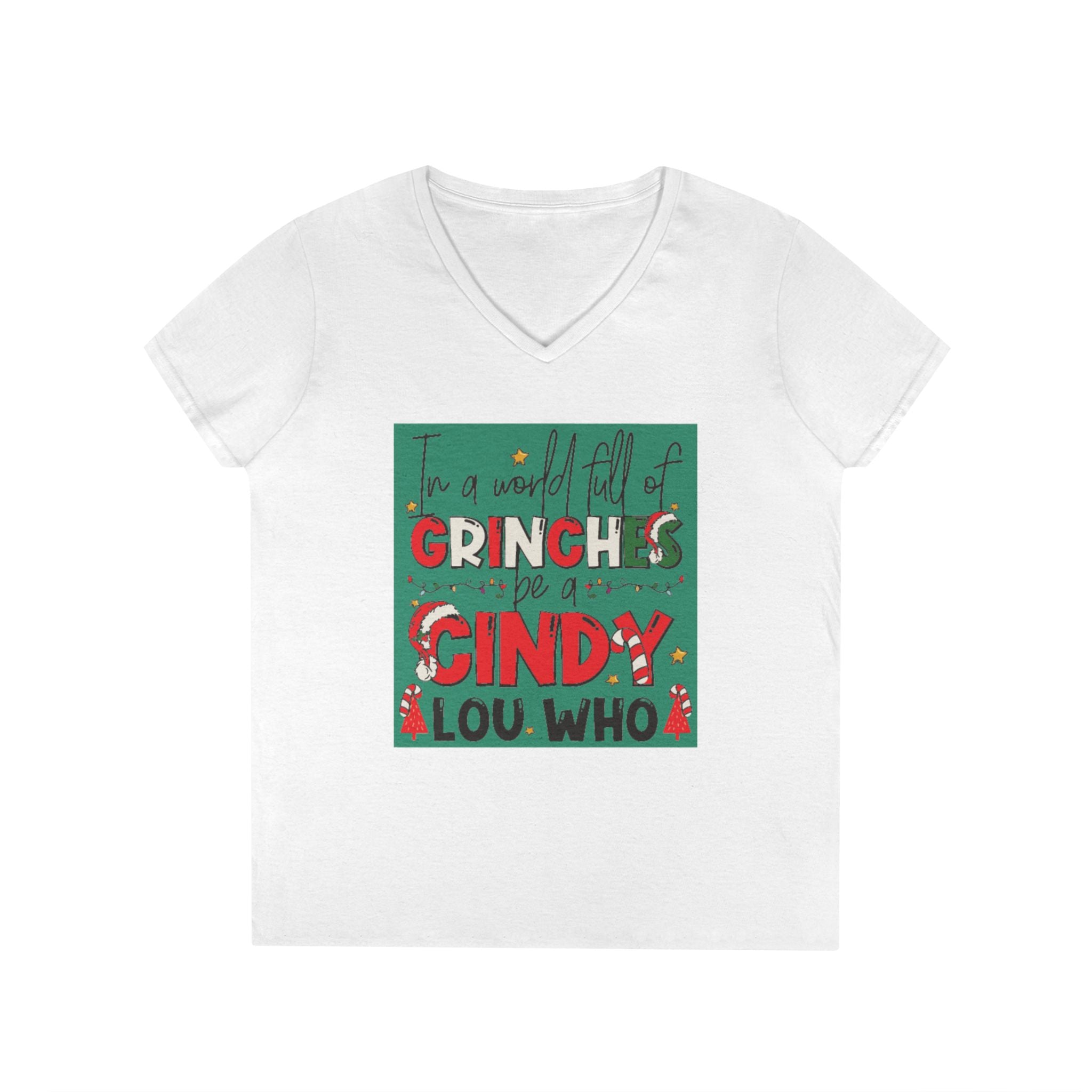 Grinch-Themed Ladies' V-Neck T-Shirt | Festive Holiday Apparel, Christmas Gift, Family Gatherings, Cozy Winter Style, Cute Holiday Tee