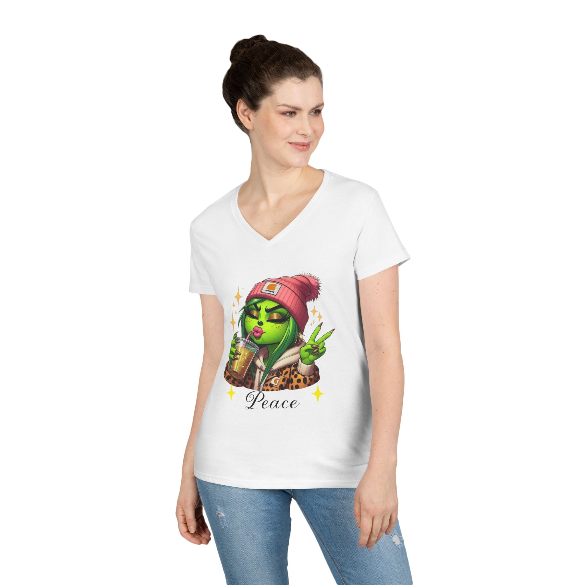 Grinchy Graphic Tee, Peace V-Neck T-Shirt for Women, Fun Casual Wear, Gift for Friends, Perfect for Any Occasion