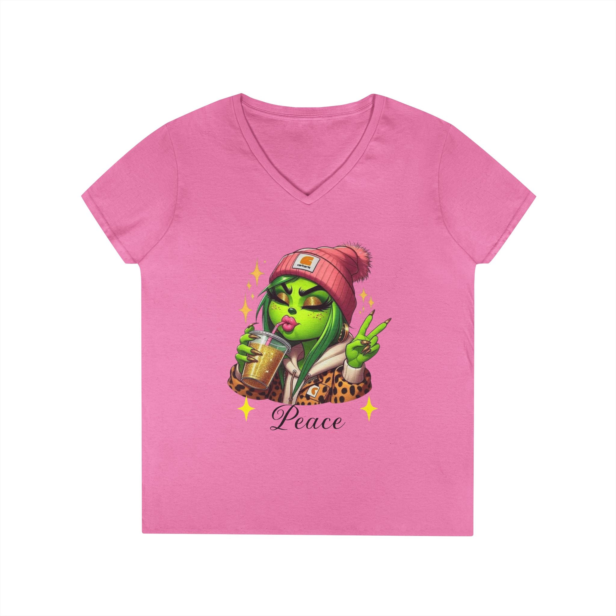 Grinchy Graphic Tee, Peace V-Neck T-Shirt for Women, Fun Casual Wear, Gift for Friends, Perfect for Any Occasion