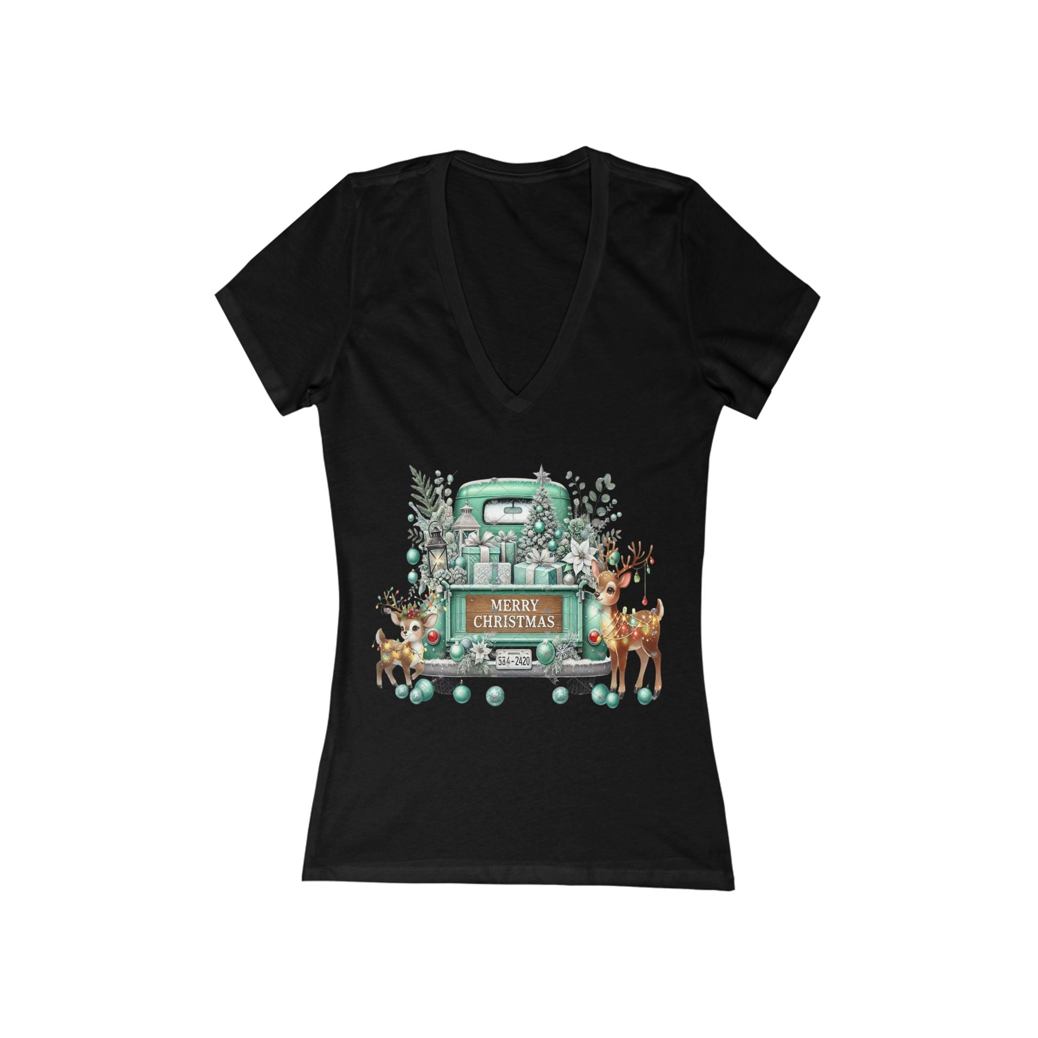 Christmas Vintage Teal Truck V-Neck Tee — 'Merry Christmas' Holiday Graphic