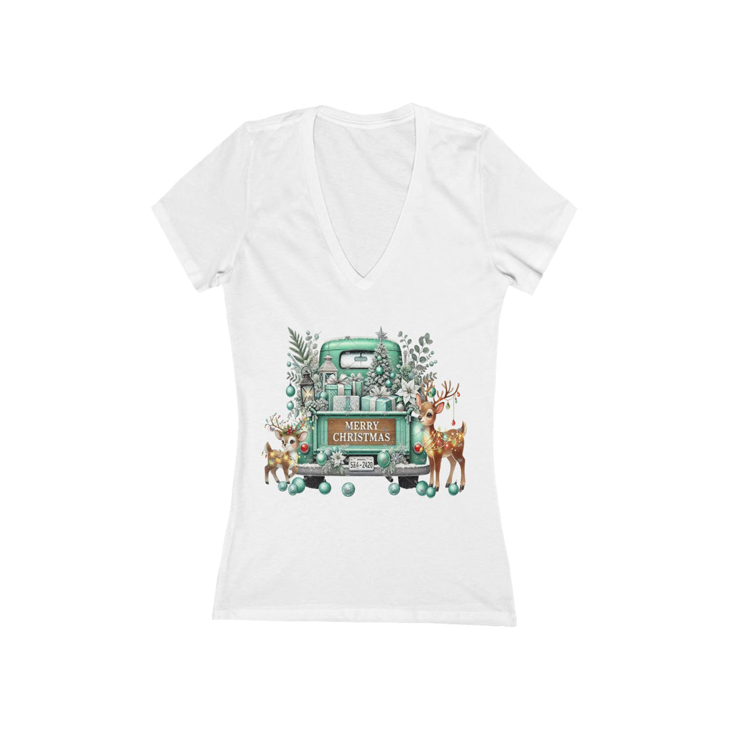 Christmas Vintage Teal Truck V-Neck Tee — 'Merry Christmas' Holiday Graphic