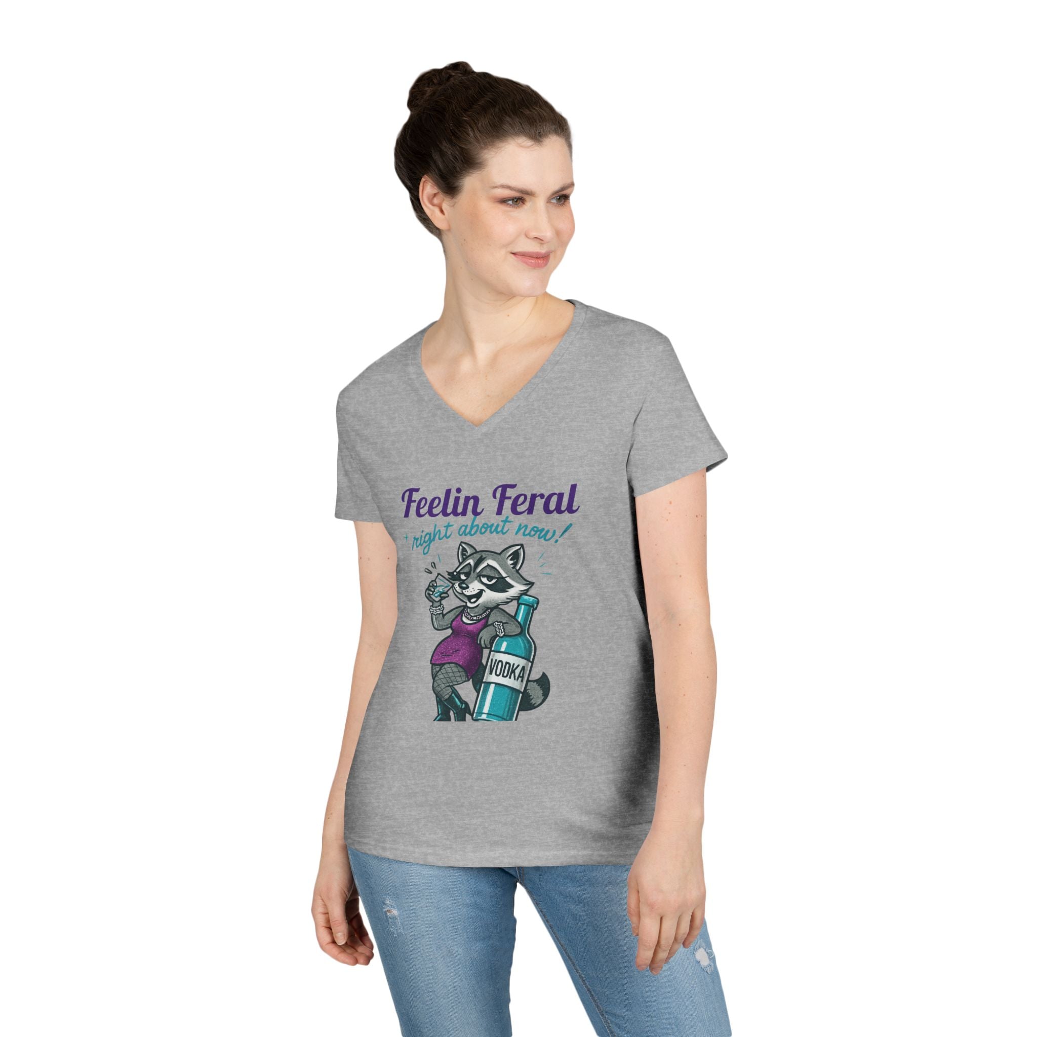 Feelin' Feral Ladies' V-Neck T-Shirt, Funny Animal Tee, Gift for Pet Lovers, Casual Wear, Birthday Gift, Cute Graphic Shirt