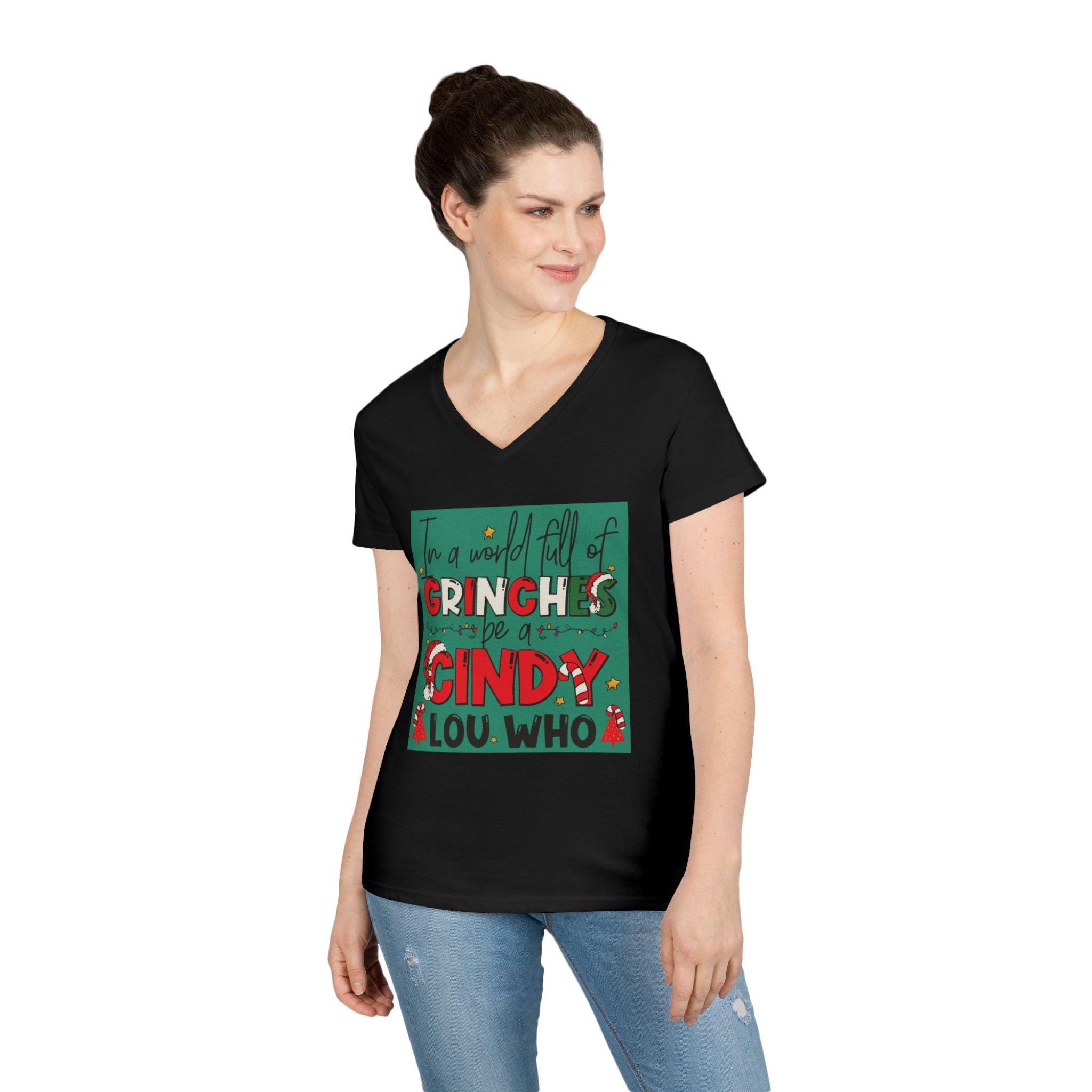 Grinch-Themed Ladies' V-Neck T-Shirt | Festive Holiday Apparel, Christmas Gift, Family Gatherings, Cozy Winter Style, Cute Holiday Tee