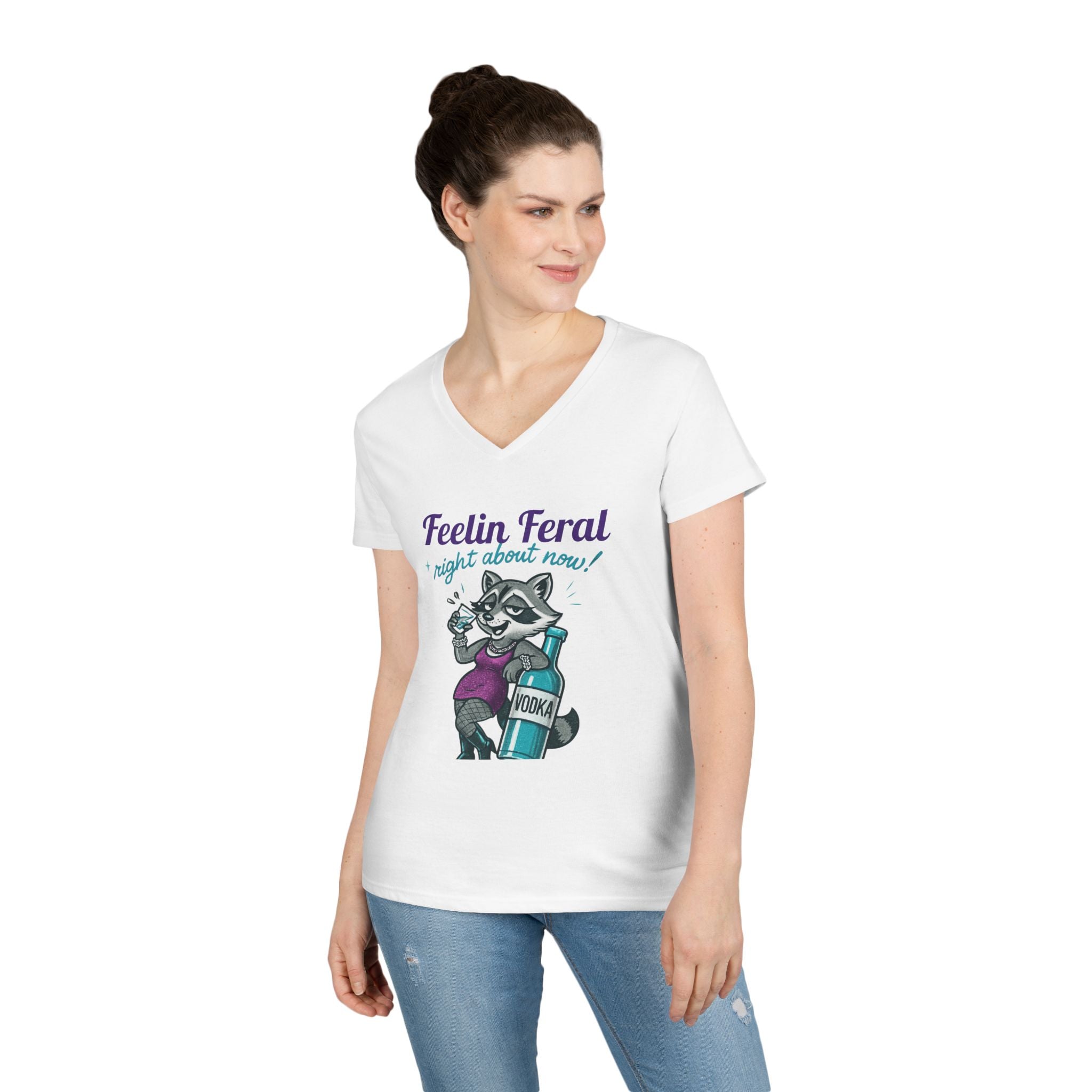 Feelin' Feral Ladies' V-Neck T-Shirt, Funny Animal Tee, Gift for Pet Lovers, Casual Wear, Birthday Gift, Cute Graphic Shirt